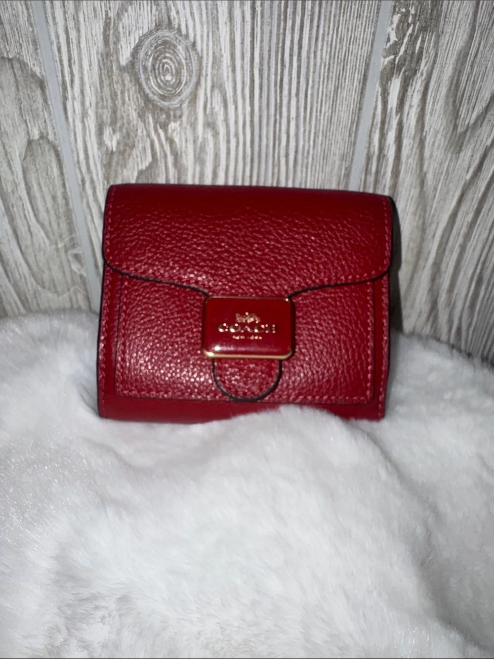 Coach Pepper Pebbled Leather Compact Wallet in Deep Red with Gold Hardware